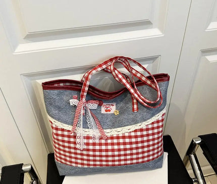 Retro Lattice Lace Bow Shoulder Bag Lovely Rural Style Denim Plaid Handbag Leisure Vintage Commuting Tote Bag Women