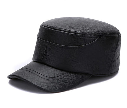 2025 Men's cowhide military hat 100% Genuine leather cap autumn and winter outdoor patchwork quilted leather warm ear flat hats