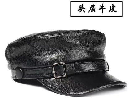 Mens Leather Cap Winter Warm Real Cowhide Baseball Hat With Ear Flaps For Outdoor Mature Men