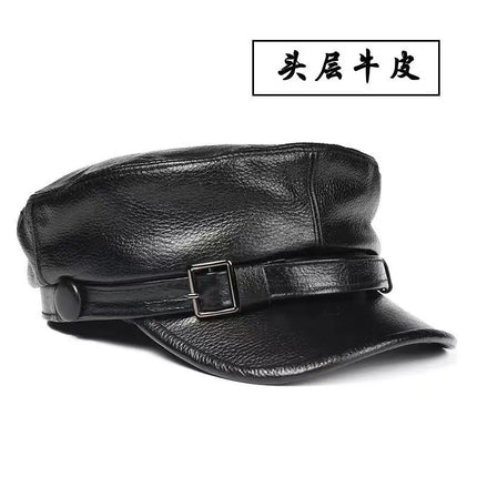 Mens Leather Cap Winter Warm Real Cowhide Baseball Hat With Ear Flaps For Outdoor Mature Men