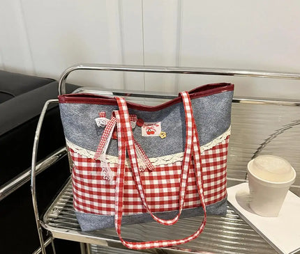 Retro Lattice Lace Bow Shoulder Bag Lovely Rural Style Denim Plaid Handbag Leisure Vintage Commuting Tote Bag Women