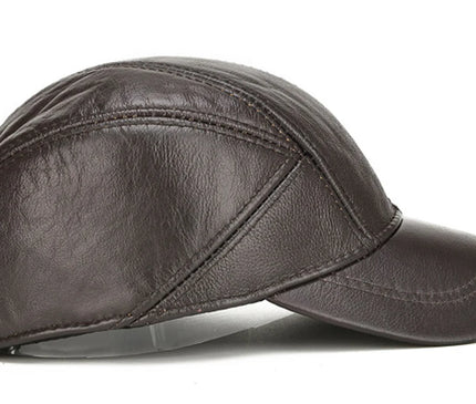 Men's 2025 Casual Real Leather Earflap Cap Men Real Cowhide Leather Caps Male Fall Winter Genuine Real Cow Leather Baseball Hats