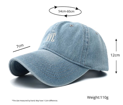 Unisex Vintage NYC Embroidery Washed Denim Baseball Cap Adjustable Snapback Hat Sun Protection Visor Hats for Men Women