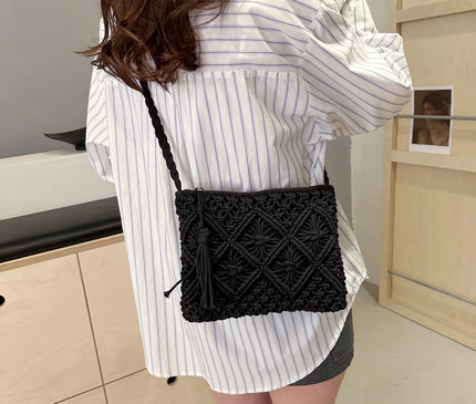 1pc Boho Chic Handwoven Shoulder Bag for Women,Handwoven Cotton with Zipper & Tassel Details,Beach Bag,for Travel,Casual Outings
