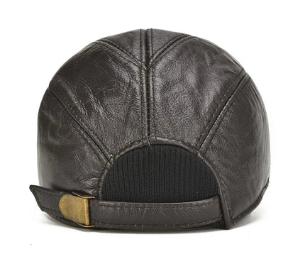 Men's 2025 Casual Real Leather Earflap Cap Men Real Cowhide Leather Caps Male Fall Winter Genuine Real Cow Leather Baseball Hats