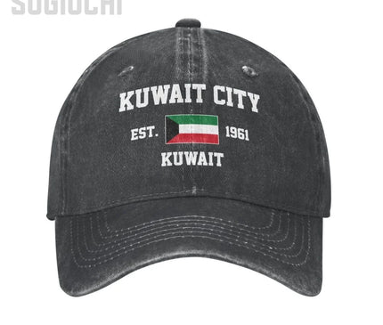 Flag of Kuwait EST.1961 Kuwait City Unisex Adult Charcoal Washed Denim Baseball Cap Men Vintage Cotton Dad Patriotic Trucker Hat