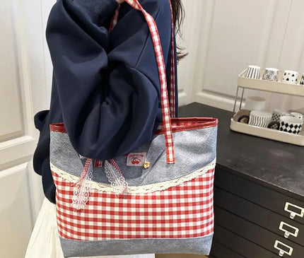 Retro Lattice Lace Bow Shoulder Bag Lovely Rural Style Denim Plaid Handbag Leisure Vintage Commuting Tote Bag Women