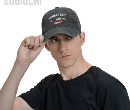 Flag of Kuwait EST.1961 Kuwait City Unisex Adult Charcoal Washed Denim Baseball Cap Men Vintage Cotton Dad Patriotic Trucker Hat
