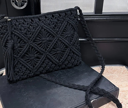 1pc Boho Chic Handwoven Shoulder Bag for Women,Handwoven Cotton with Zipper & Tassel Details,Beach Bag,for Travel,Casual Outings