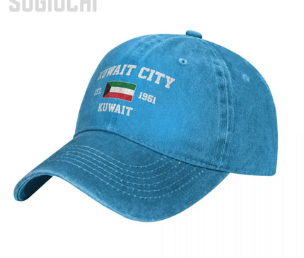 Flag of Kuwait EST.1961 Kuwait City Unisex Adult Charcoal Washed Denim Baseball Cap Men Vintage Cotton Dad Patriotic Trucker Hat