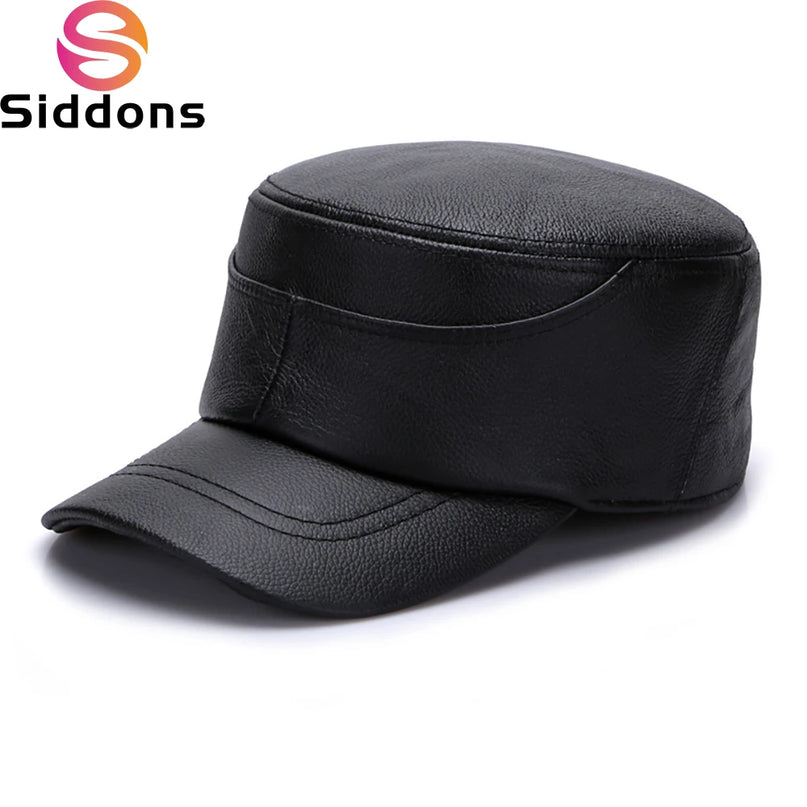 2025 Men's cowhide military hat 100% Genuine leather cap autumn and winter outdoor patchwork quilted leather warm ear flat hats