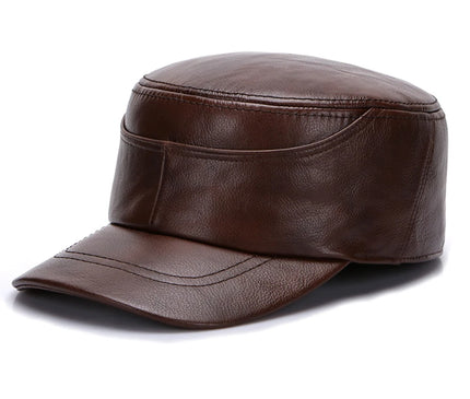 2025 Men's cowhide military hat 100% Genuine leather cap autumn and winter outdoor patchwork quilted leather warm ear flat hats