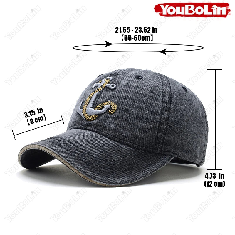Korean Style Trendy Embroidered Anchor Denim Baseball Cap, Outdoor Travel Sun Hat