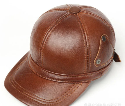 Mens Leather Cap Winter Warm Real Cowhide Baseball Hat With Ear Flaps For Outdoor Mature Men