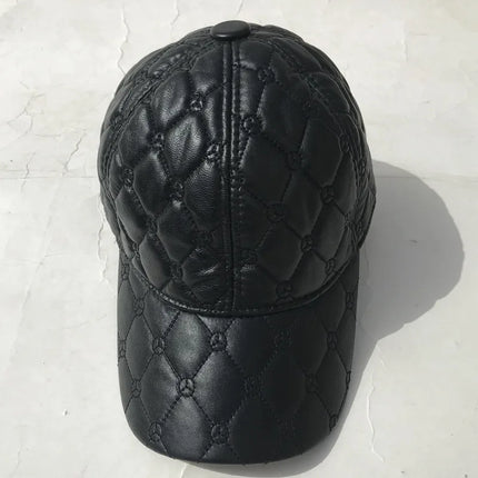 Mens Leather Cap Winter Warm Real Cowhide Baseball Hat With Ear Flaps For Outdoor Mature Men