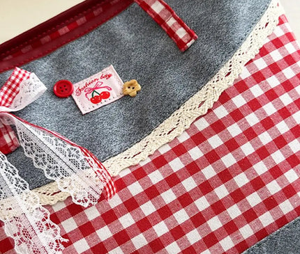 Retro Lattice Lace Bow Shoulder Bag Lovely Rural Style Denim Plaid Handbag Leisure Vintage Commuting Tote Bag Women