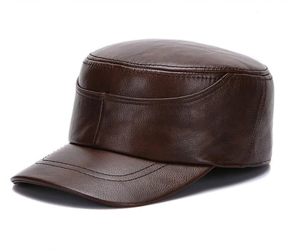 2025 Men's cowhide military hat 100% Genuine leather cap autumn and winter outdoor patchwork quilted leather warm ear flat hats
