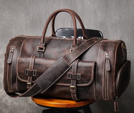 MUNUKI Vintage Crazy Horse Genuine Leather Travel bag  Large Luggage bag men Leather duffle bag Large Weekend Bag Tote Big
