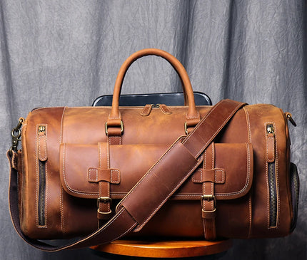 MUNUKI Vintage Crazy Horse Genuine Leather Travel bag  Large Luggage bag men Leather duffle bag Large Weekend Bag Tote Big