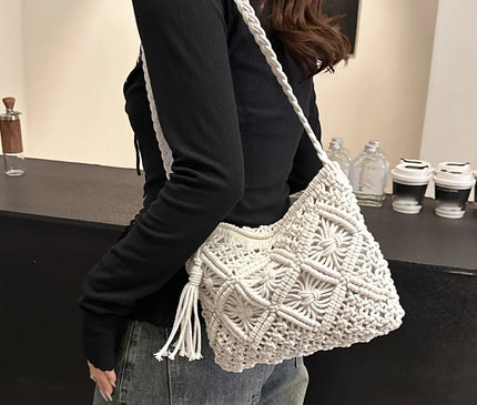 1pc Boho Chic Handwoven Shoulder Bag for Women,Handwoven Cotton with Zipper & Tassel Details,Beach Bag,for Travel,Casual Outings