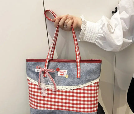 Retro Lattice Lace Bow Shoulder Bag Lovely Rural Style Denim Plaid Handbag Leisure Vintage Commuting Tote Bag Women