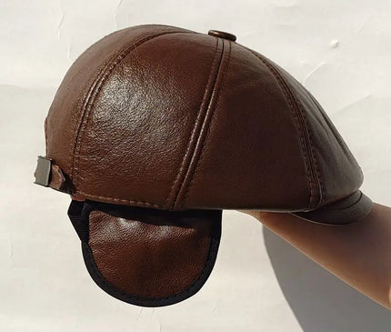 Mens Leather Cap Winter Warm Real Cowhide Baseball Hat With Ear Flaps For Outdoor Mature Men