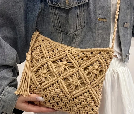 1pc Boho Chic Handwoven Shoulder Bag for Women,Handwoven Cotton with Zipper & Tassel Details,Beach Bag,for Travel,Casual Outings