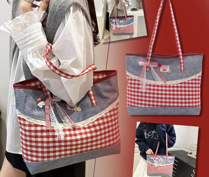 Retro Lattice Lace Bow Shoulder Bag Lovely Rural Style Denim Plaid Handbag Leisure Vintage Commuting Tote Bag Women