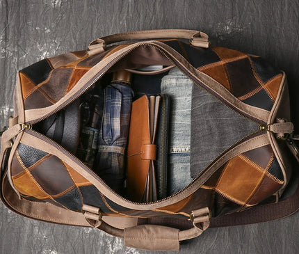 Vintage New Men's Genuine Leather Quilted Top-Layer Cowhide Handbag Travel Bag Shoulder Crossbody Business Luggage Bag