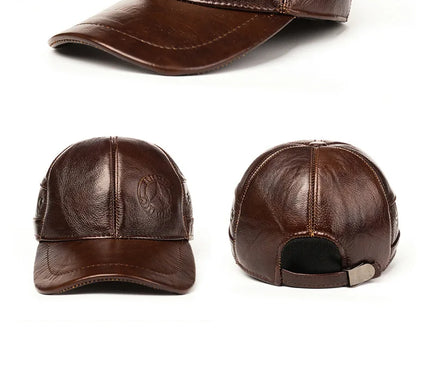 Mens Leather Cap Winter Warm Real Cowhide Baseball Hat With Ear Flaps For Outdoor Mature Men