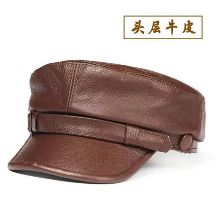 Mens Leather Cap Winter Warm Real Cowhide Baseball Hat With Ear Flaps For Outdoor Mature Men