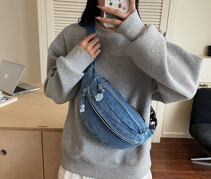 New Denim Shoulder Chest Bag for Women Sporty Casual Style Simple Fashionable Waist Bags Mobile Phone Crossbody Bag for Men