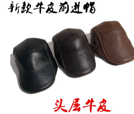 Mens Leather Cap Winter Warm Real Cowhide Baseball Hat With Ear Flaps For Outdoor Mature Men