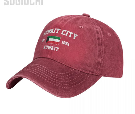 Flag of Kuwait EST.1961 Kuwait City Unisex Adult Charcoal Washed Denim Baseball Cap Men Vintage Cotton Dad Patriotic Trucker Hat