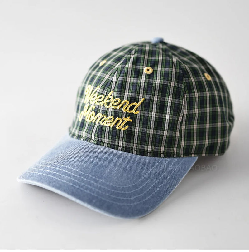 Color Matching Plaid Letter Embroidery Denim Brim Baseball Cap Men Women Same Style Niche Personality Casual Baseball Cap