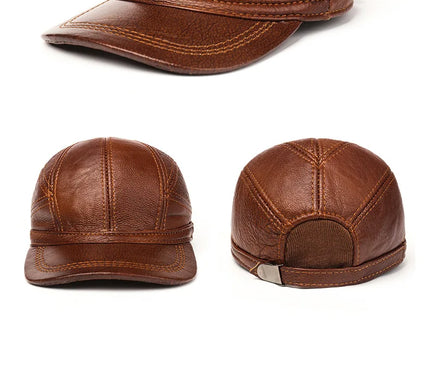Mens Leather Cap Winter Warm Real Cowhide Baseball Hat With Ear Flaps For Outdoor Mature Men