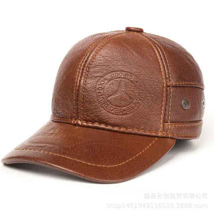 Mens Leather Cap Winter Warm Real Cowhide Baseball Hat With Ear Flaps For Outdoor Mature Men