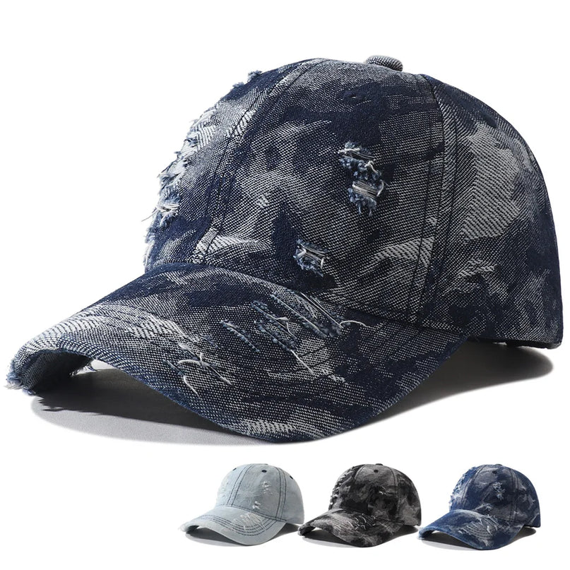 Vintage Distressed Denim Baseball Cap Adjustable Hip Hop Streetwear Washed Ripped Snapback Hats for Men Women Outdoor Sun Hat