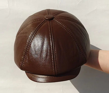 Mens Leather Cap Winter Warm Real Cowhide Baseball Hat With Ear Flaps For Outdoor Mature Men