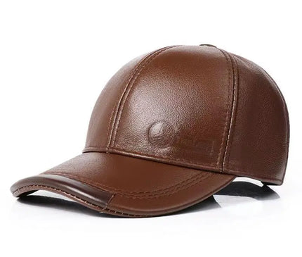 Mens Leather Cap Winter Warm Real Cowhide Baseball Hat With Ear Flaps For Outdoor Mature Men