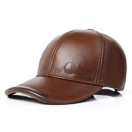 Mens Leather Cap Winter Warm Real Cowhide Baseball Hat With Ear Flaps For Outdoor Mature Men