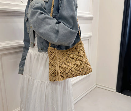 1pc Boho Chic Handwoven Shoulder Bag for Women,Handwoven Cotton with Zipper & Tassel Details,Beach Bag,for Travel,Casual Outings