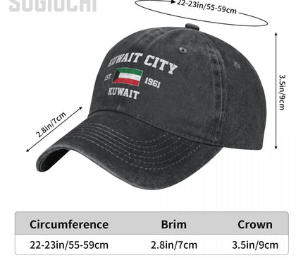 Flag of Kuwait EST.1961 Kuwait City Unisex Adult Charcoal Washed Denim Baseball Cap Men Vintage Cotton Dad Patriotic Trucker Hat