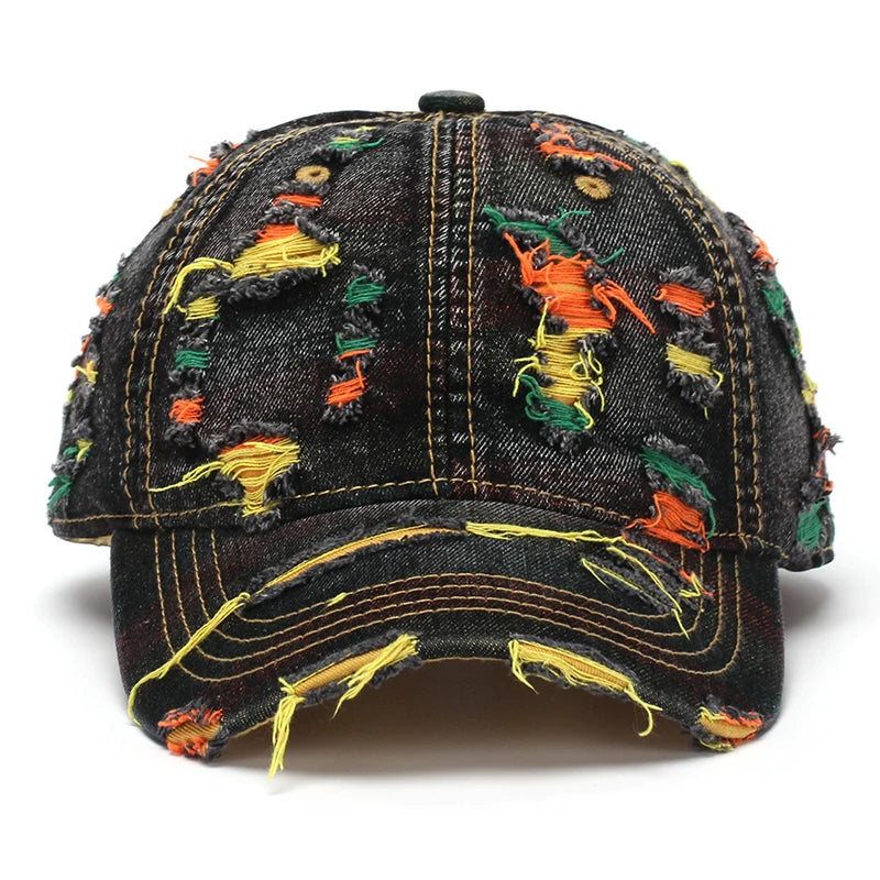 New Fashion Men Women Cool Tear Style Hole Vintage Colorful Lines Hat Female Casual Outdoor Trend Streetwear Denim Baseball Caps
