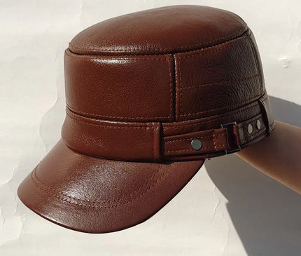 Mens Leather Cap Winter Warm Real Cowhide Baseball Hat With Ear Flaps For Outdoor Mature Men