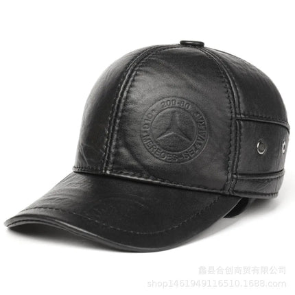 Mens Leather Cap Winter Warm Real Cowhide Baseball Hat With Ear Flaps For Outdoor Mature Men