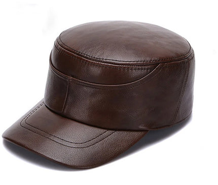 2025 Men's cowhide military hat 100% Genuine leather cap autumn and winter outdoor patchwork quilted leather warm ear flat hats