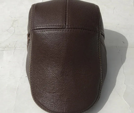 Mens Leather Cap Winter Warm Real Cowhide Baseball Hat With Ear Flaps For Outdoor Mature Men