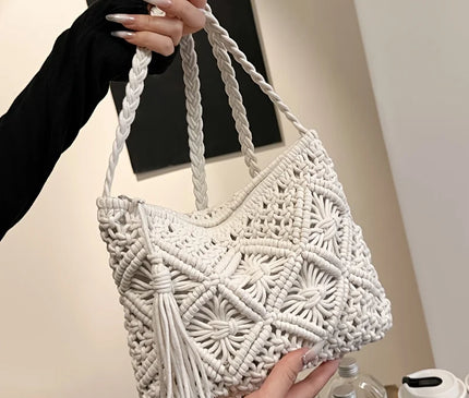 1pc Boho Chic Handwoven Shoulder Bag for Women,Handwoven Cotton with Zipper & Tassel Details,Beach Bag,for Travel,Casual Outings