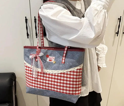 Retro Lattice Lace Bow Shoulder Bag Lovely Rural Style Denim Plaid Handbag Leisure Vintage Commuting Tote Bag Women